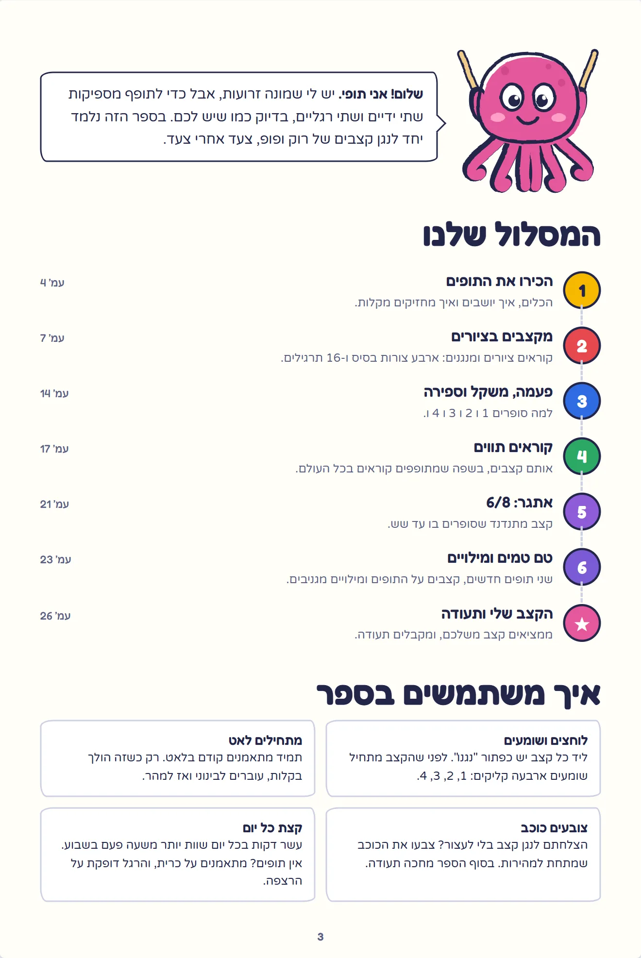 עמוד 3: המסלול שלנו, תוכן העניינים של הספר